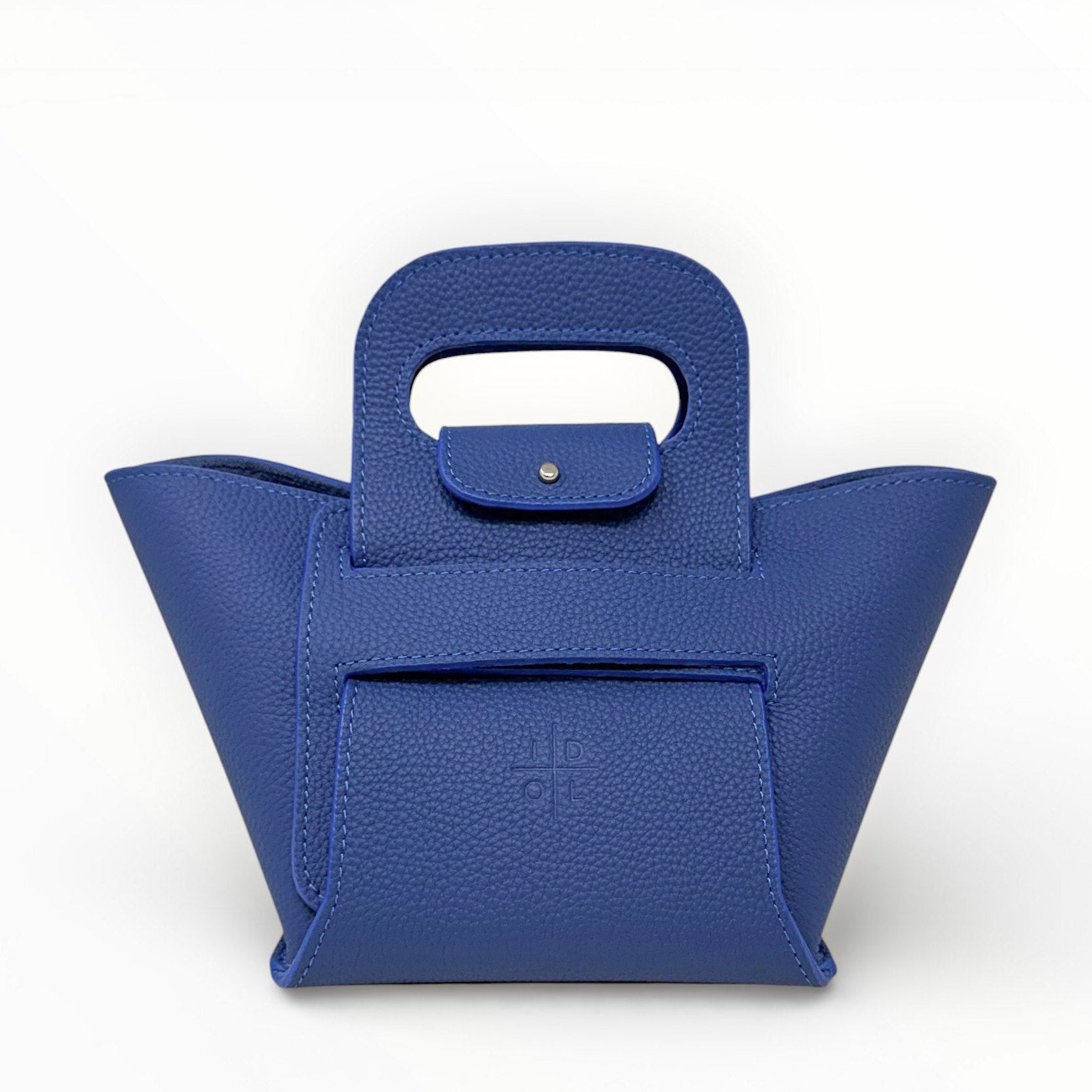 Blue handbag with a unique handle design on a white background