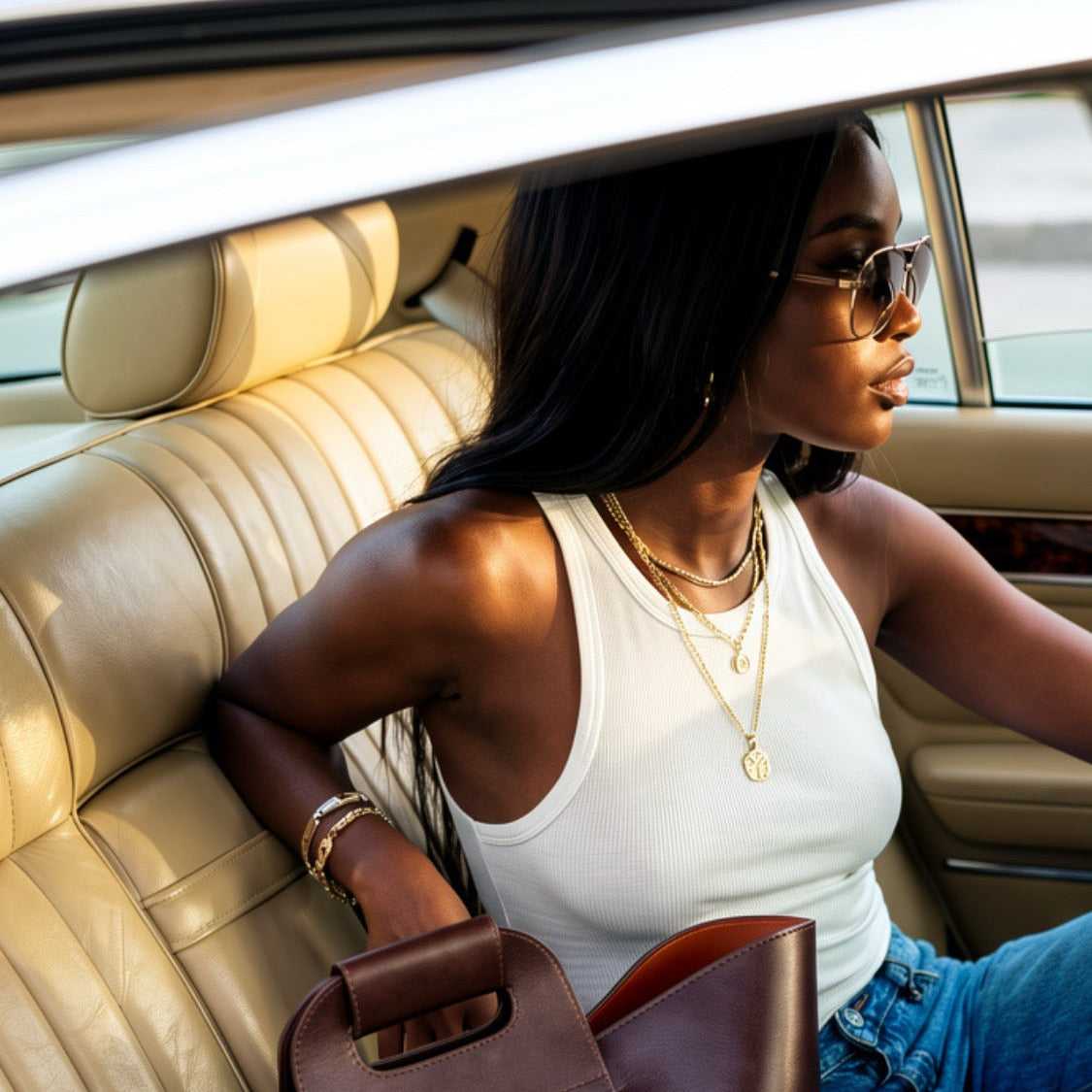 Woman sitting in a car holding a brown handbag, wearing sunglasses and a white top.