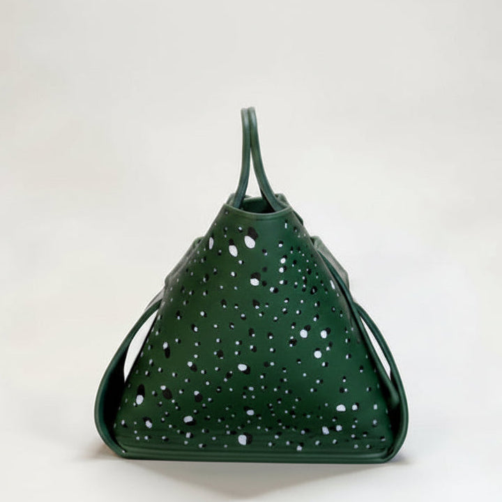 Green handbag with hand painted design 